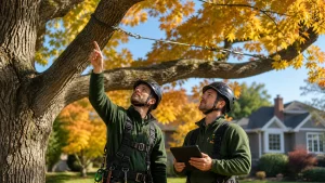 Arborists inspect a tree with steel cables for support, autumn leaves.