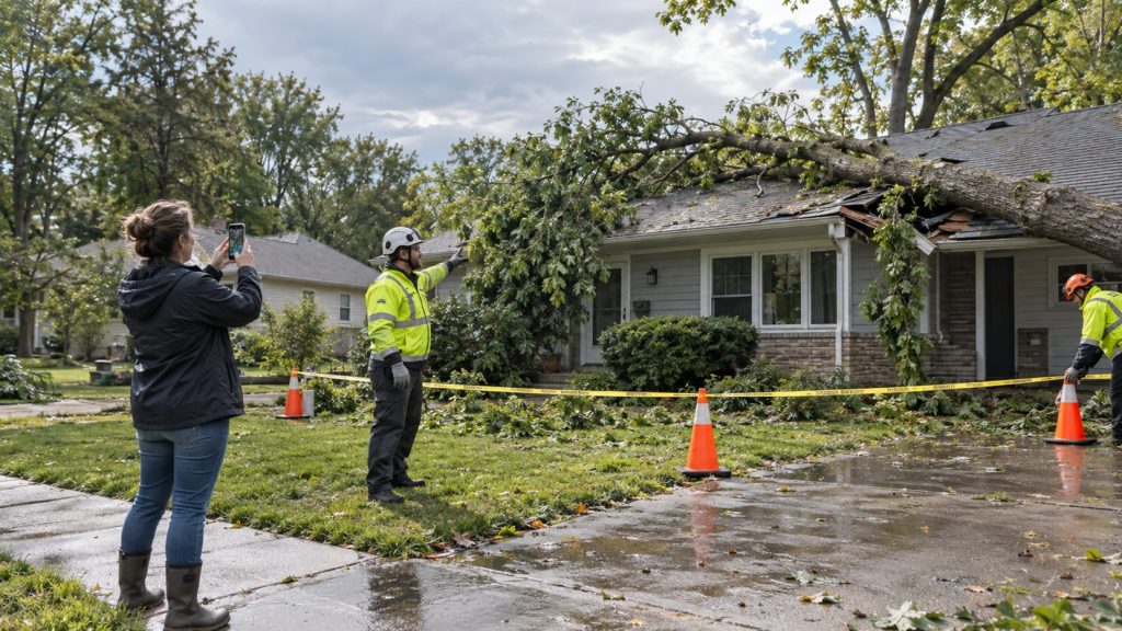 Tree removal crew assessing storm damage to a Michigan home after a fallen tree.