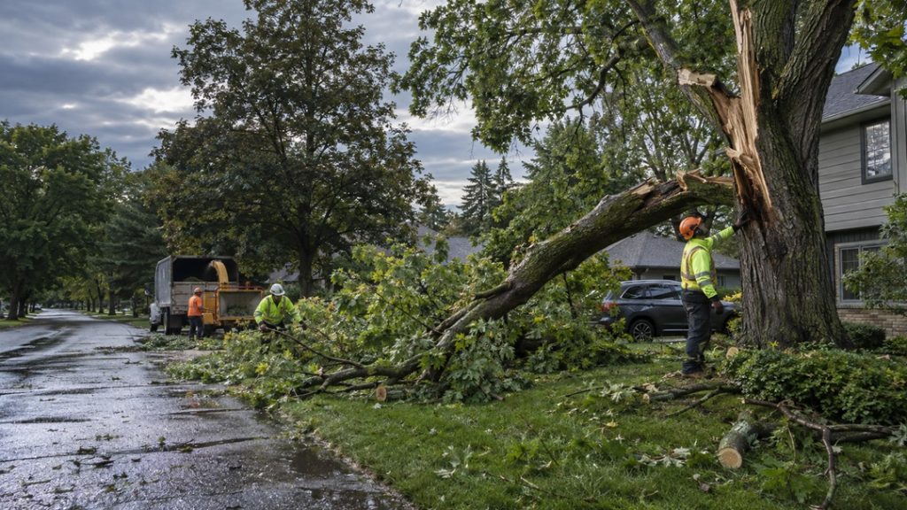 Tree removal crew clearing storm-damaged tree in Michigan