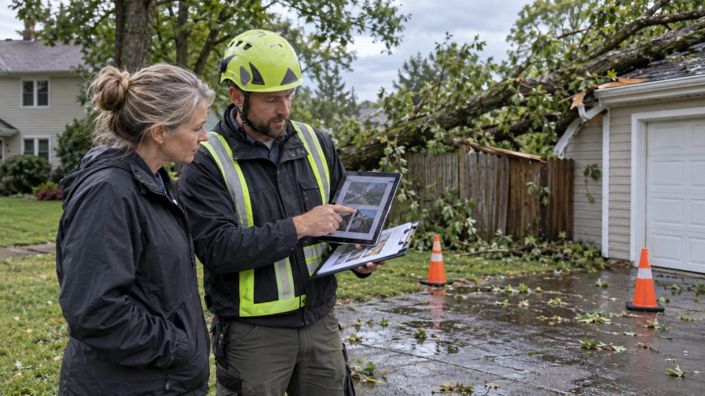 Michigan storm damage assessment: Tree removal expert reviews photos with homeowner.