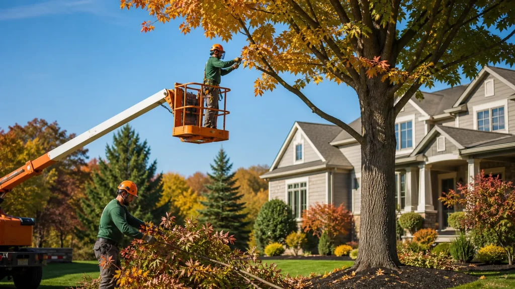 Arborists in a lift trim a large tree in a suburban yard.
