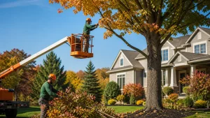 Arborists in a lift trim a large tree in a suburban yard.