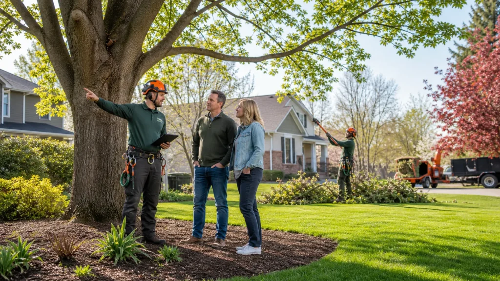Arborist consults with homeowners about tree care, while crew works in background