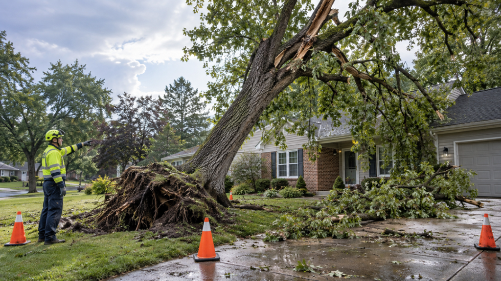 Michigan storm damage: Tree removal worker inspects fallen tree on house.