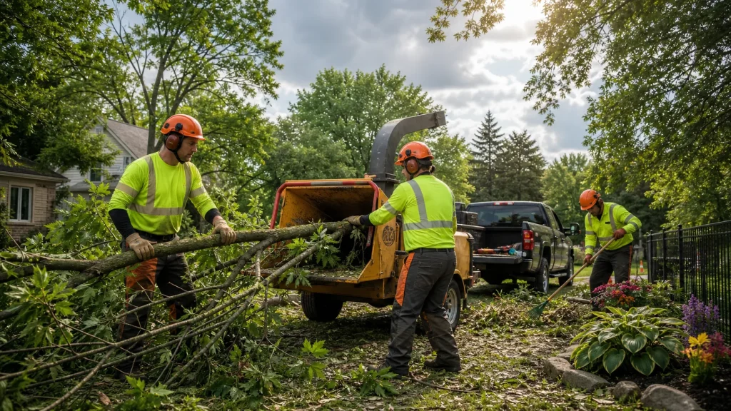 Tree removal crew feeding branches into a wood chipper