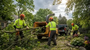 Tree removal crew feeding branches into a wood chipper